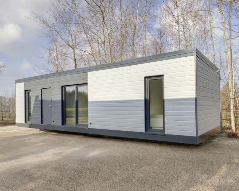 Dom na kołach 48 m2 mobilny śmietankowy VERO HOMES szara elewacja